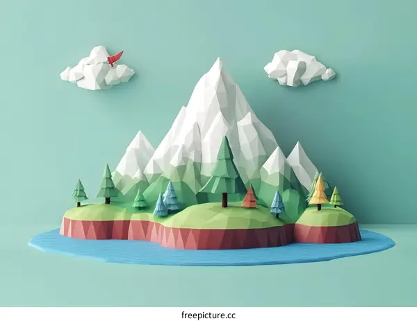 Low Poly Mountain Landscape with Clouds and Trees