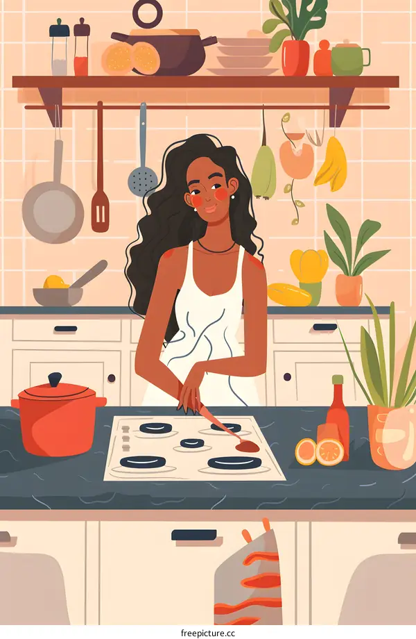 Woman Cooking in Kitchen Illustration