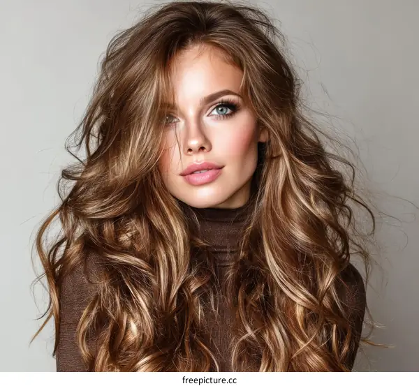Beautiful Woman with Wavy Brown Hair and Makeup