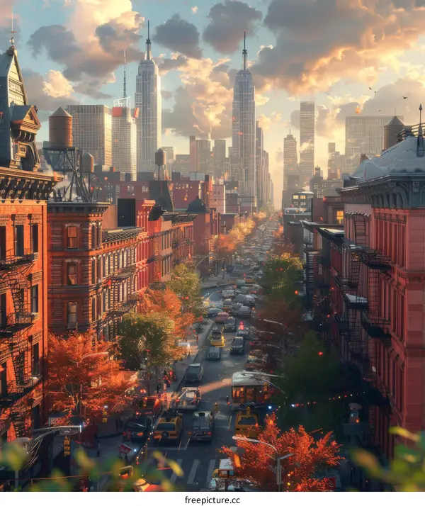 Autumnal New York City Street Scene with Skyscrapers