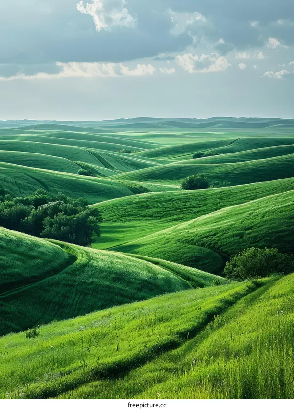 Green rolling hills under a blue sky with white clouds