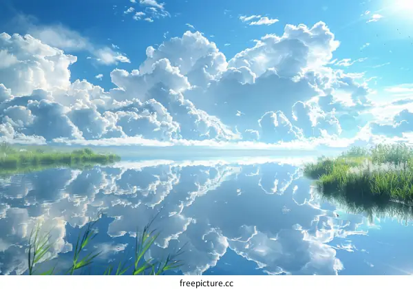 Mesmerizing Reflections of Azure Sky and White Clouds in Tranquil Lake