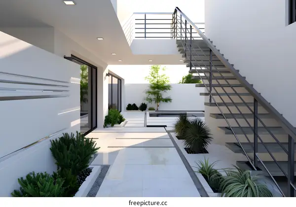 Modern Minimalist Home Exterior Design With Staircase And Courtyard