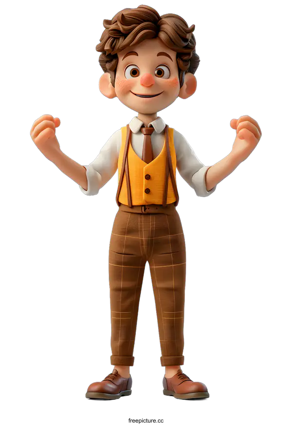 [Transparent Background PNG]Smiling Cartoon Boy Wearing A Brown Plaid Pants