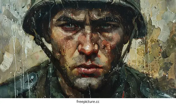 Portrait of a Soldier in a Helmet with a Serious Expression