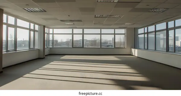Empty Office Room with Large Windows and Sunlight