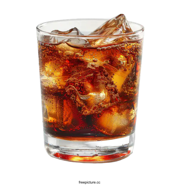 [Transparent Background PNG]Glass of cola with ice cubes on black background