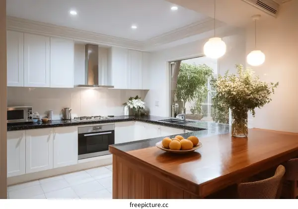 Modern White Kitchen with Wooden Island