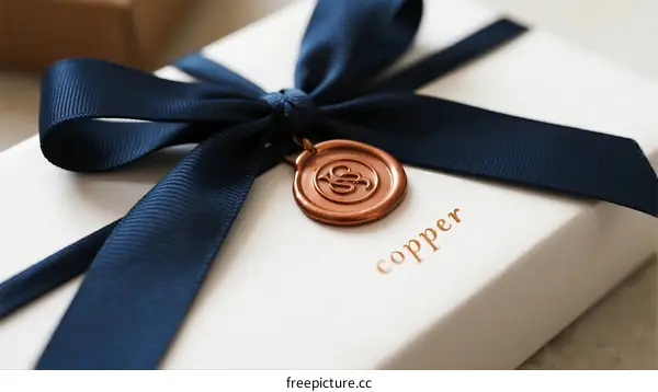 Elegant white gift box with blue ribbon and copper wax seal