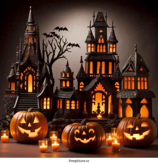 Spooky Haunted House Village With Pumpkins And Bats