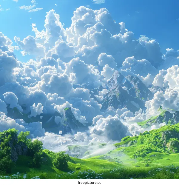Fantastic Mountain Landscape with Fluffy Clouds