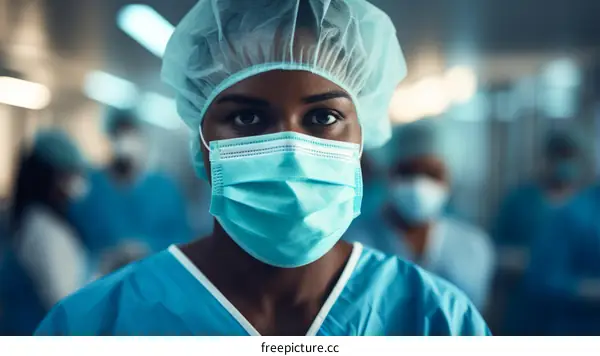 Portrait of a confident female surgeon wearing a surgical mask and cap in an operating room with blurred colleagues in the background