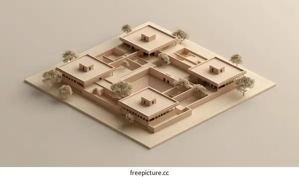 Minimalist Wooden Model of a Modern House with Courtyard