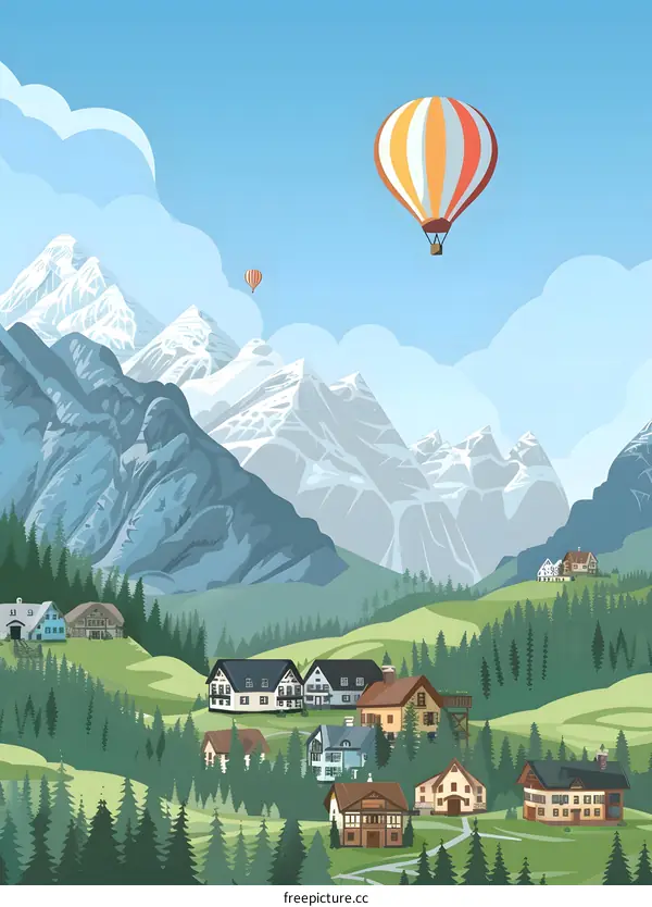 Scenic Mountain Village with Hot Air Balloons