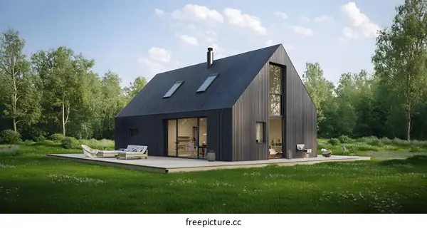 Modern Black House with Large Windows Surrounded by Trees