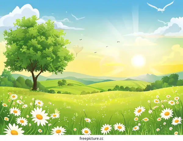 Beautiful Sunrise Landscape With Green Grass And Daisies