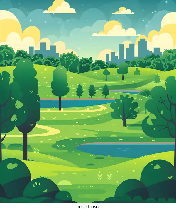 Green Park With Winding River and City Skyline In Background