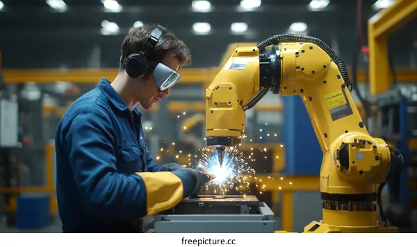 Industrial Worker with Welding Robot