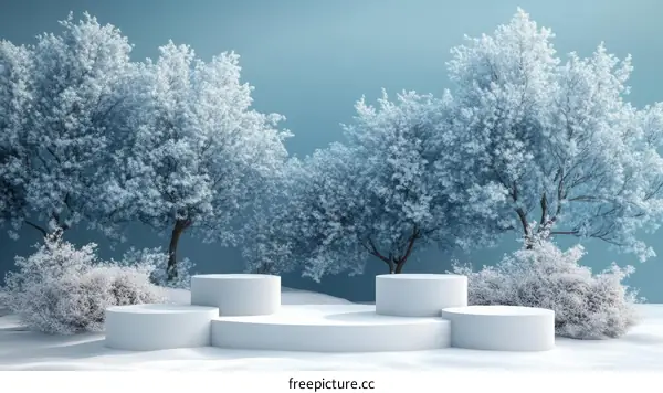 Winter Scene with White Cylindrical Platforms