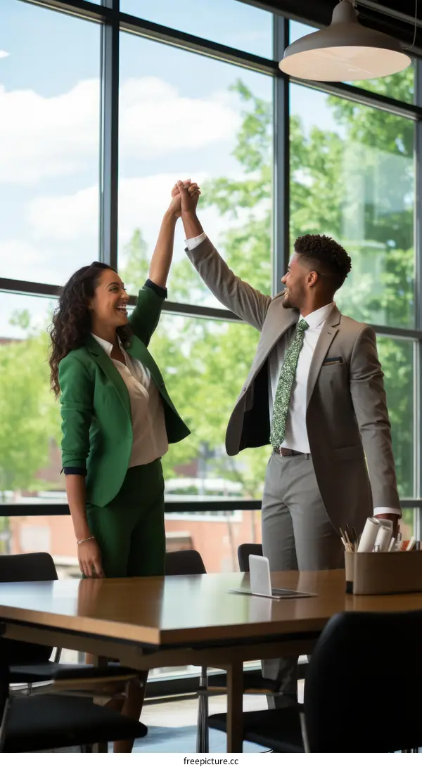 Two business professionals celebrating their success