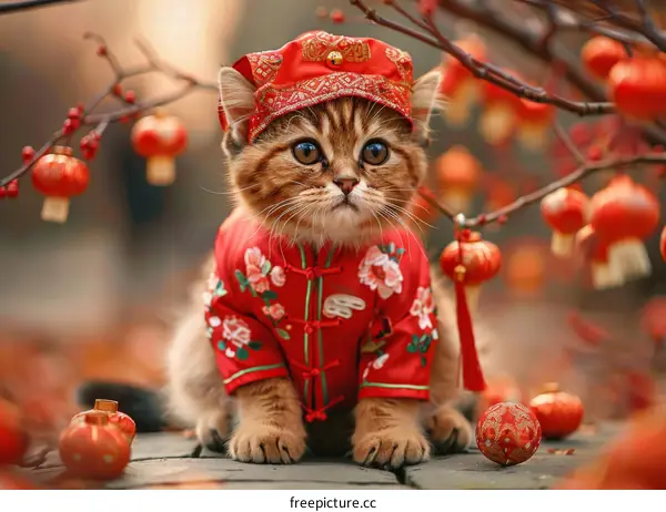 A cute cat wearing a traditional Chinese outfit