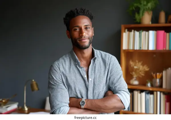 Confident African American Man Posing in a Study