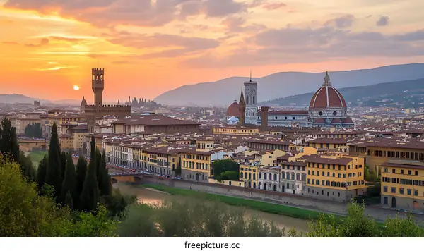 Sunset View of Florence Italy with the Duomo and Palazzo Vecchio