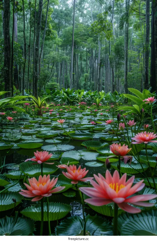 Pink Water Lilies in a Green Forest