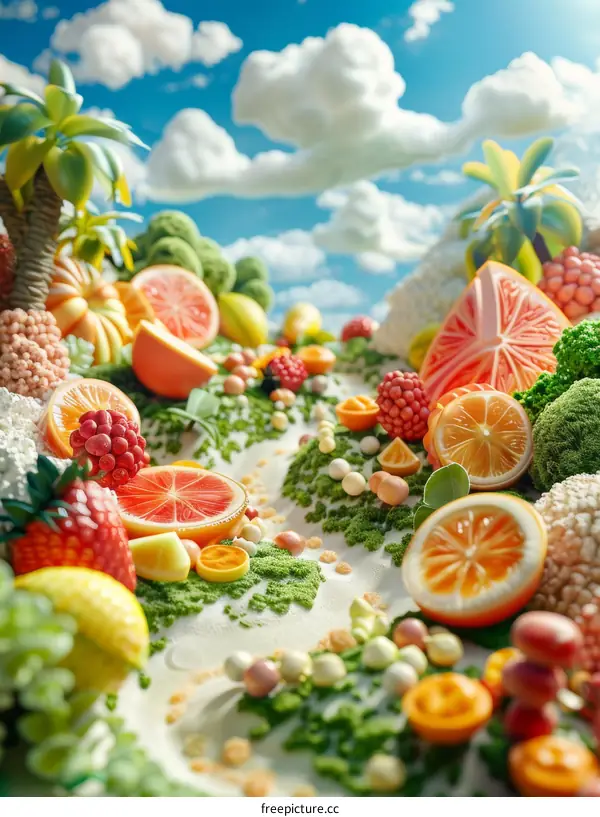 Surreal Edible Landscape with Fruits and Vegetables
