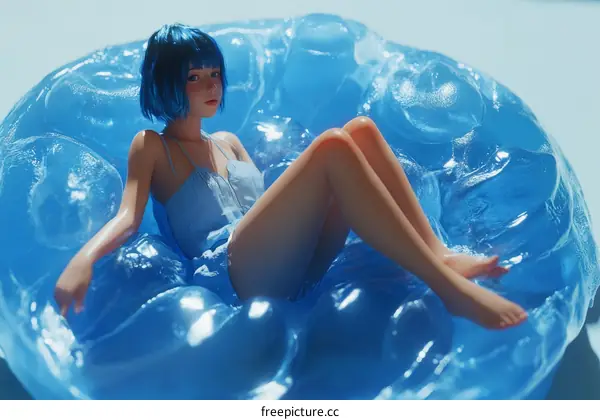 A Blue-Haired Girl Relaxing in a Blue Jelly-Like Structure