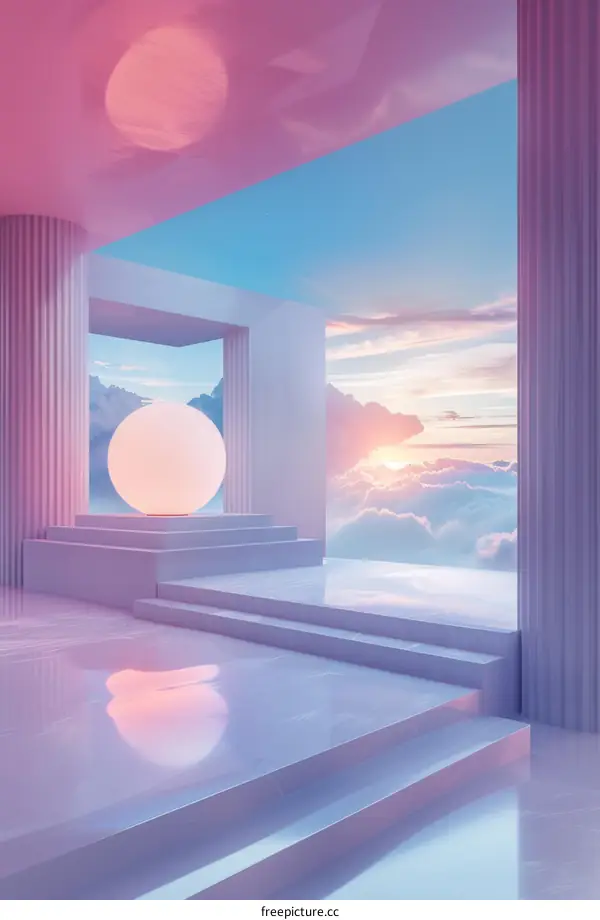 A surreal landscape with a large glowing sphere in the center