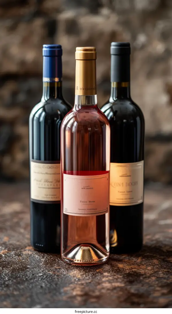 Three bottles of wine on a stone surface with a stone background
