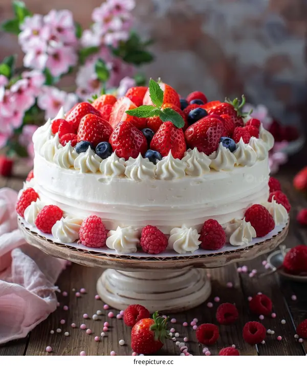 A cake decorated with strawberries, blueberries, and raspberries