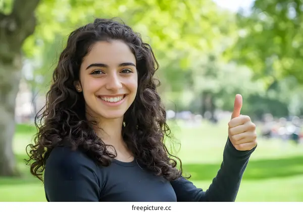Smiling Woman Giving Thumbs Up in Park