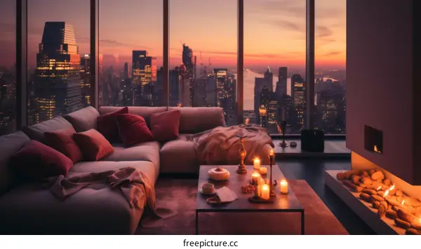 Modern Living Room with City Skyline Sunset View