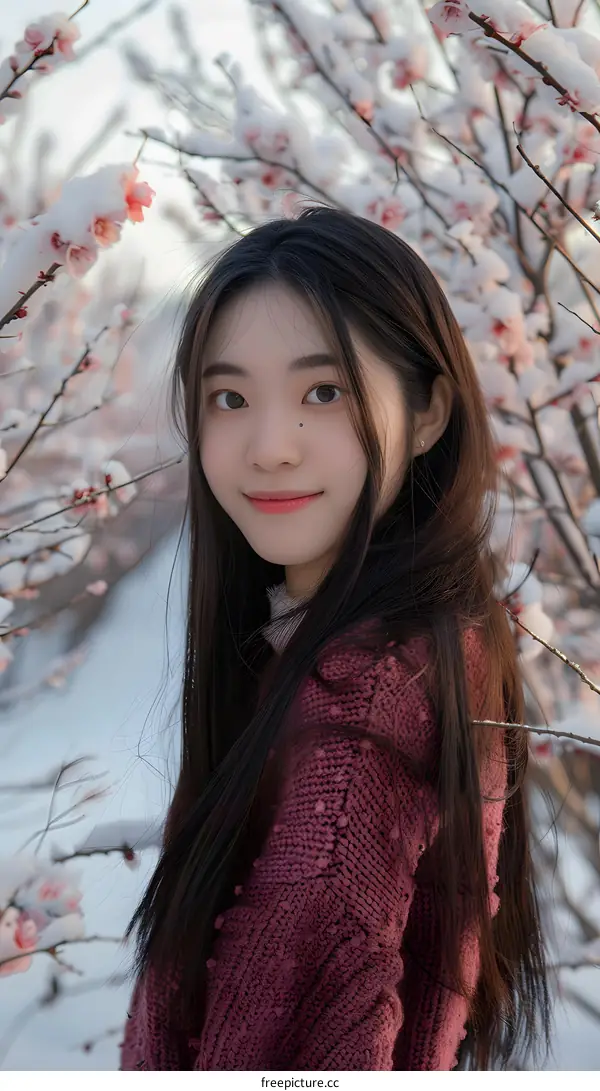 Young Asian Woman in Red Sweater Standing in a Snowy Peach Orchard