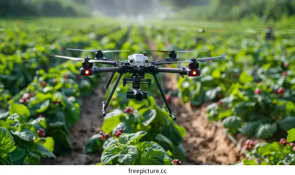 A drone is flying over a field of crops.