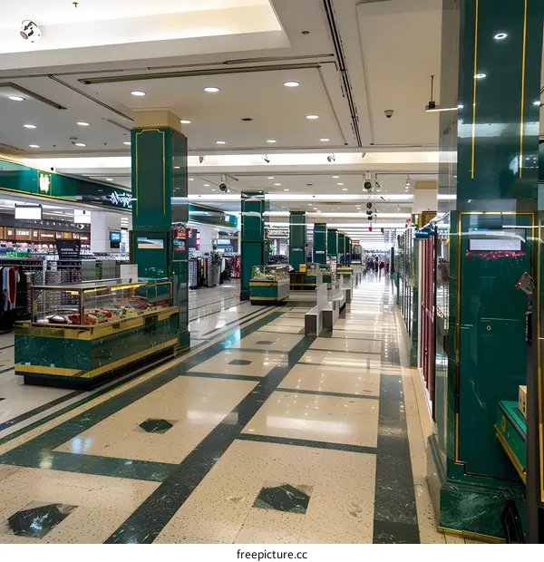 Empty Green Marble Mall Interior With Shops and Displays