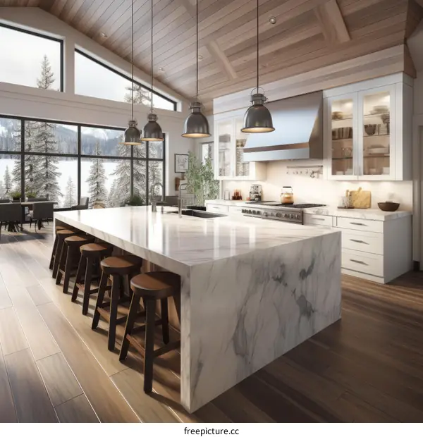 Modern Kitchen with Marble Island and Wood Ceiling