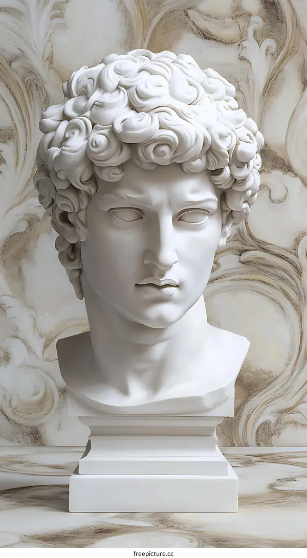 White Marble Sculpture Of A Man Head With Curly Hair On The Background