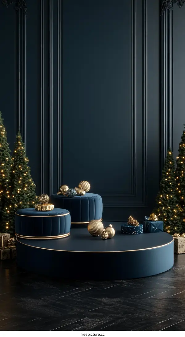 Christmas Festive Scene with Dark Blue Velvet Podium