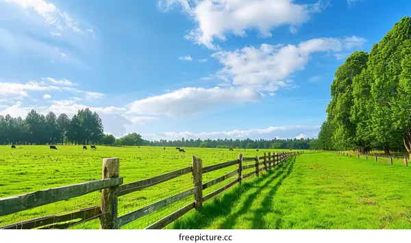 Cows grazing on a lush green pasture on a sunny day