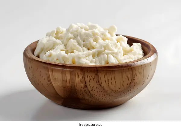 Wooden bowl of ricotta cheese