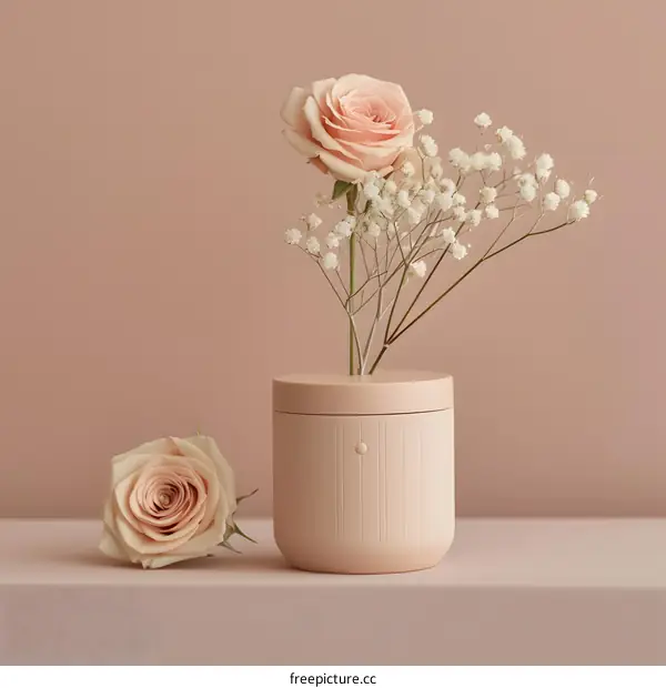 Minimalist Still Life with Pink Roses and White Flowers in a Blush Vase