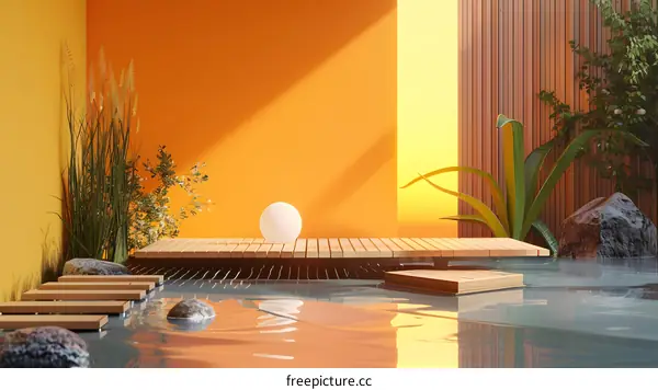 Minimalist Japanese Zen Garden Design with Wooden Platform and Water