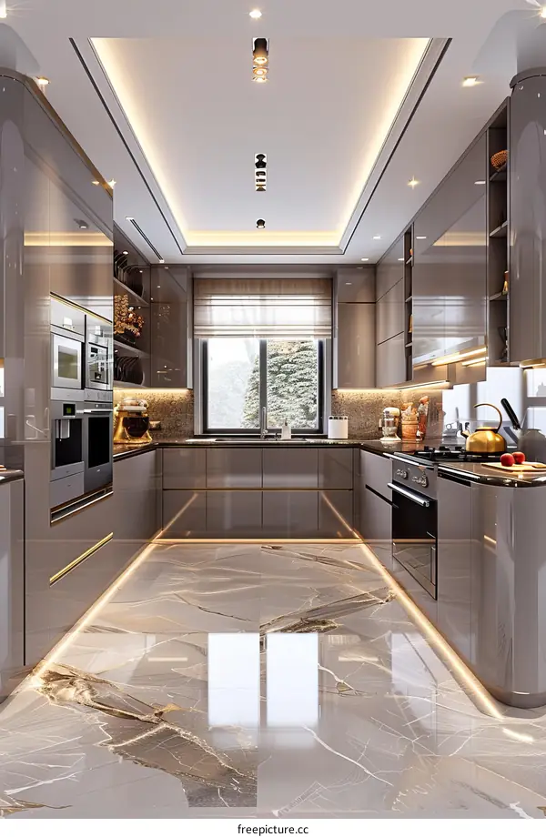 Contemporary Minimalist Kitchen Design - Marble Floor, Dark Wood Cabinets