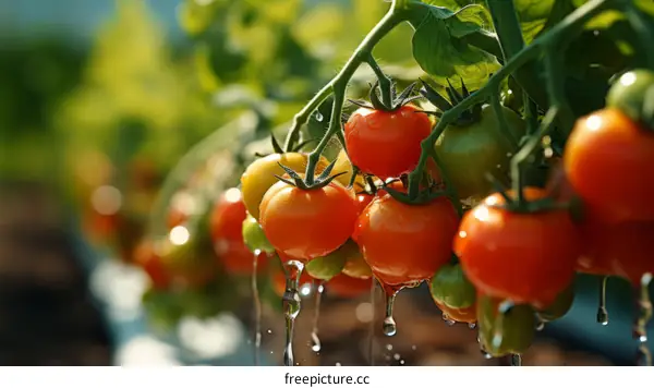 Ripe Tomatoes on the Vine with Water Drops