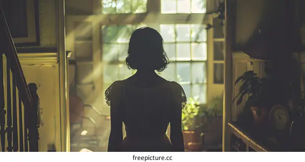 A woman standing in a doorway, backlit by the sun.