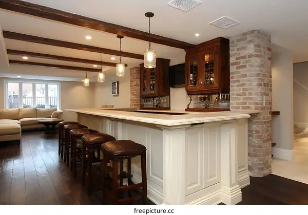 Elegant Basement Bar with Exposed Beams