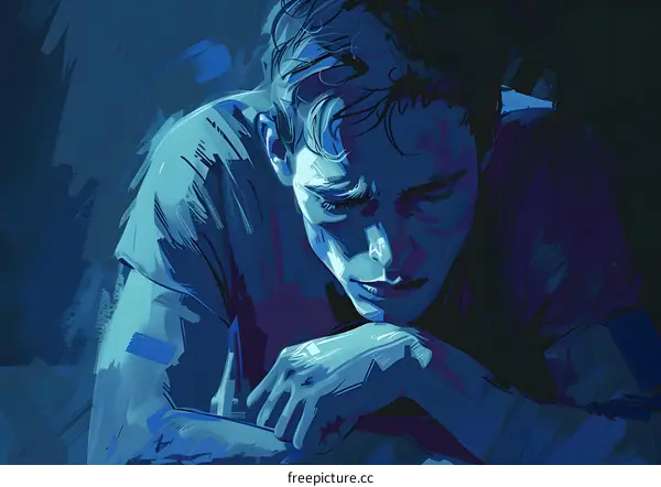 A dark-haired man wearing a blue shirt is resting his head on his crossed arms.